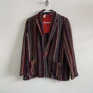 Vintage 70s Blazer Women's L Multicolor Yarn One Button Boho Hippie Striped
